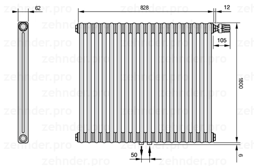 Схема (чертеж) Радиатор Zehnder Charleston 2180/18 №V008 Technoline TL